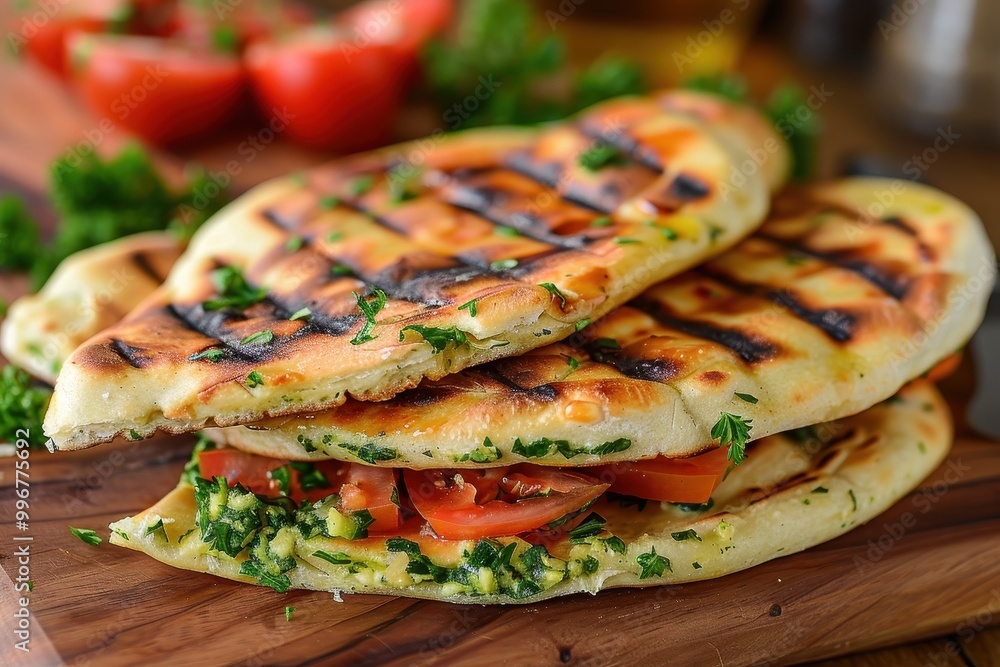 A stack of grilled flatbreads with tomatoes and parsley on top A stack of grilled flatbreads with tomatoes and parsley on top