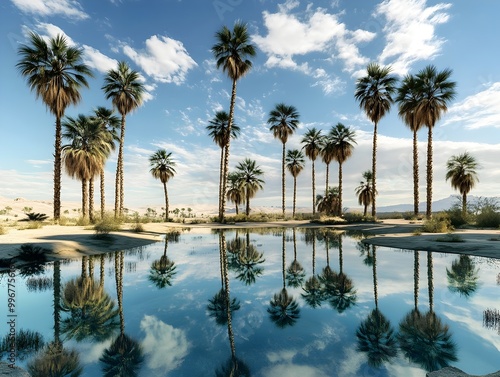 Dreamlike Desert Oasis with Crystalline Ponds Mirroring the Sky and Towering Palm Trees Casting Long Shadows in a Serene and Contemplative Atmosphere with Surreal and Disorienting Visual Effects