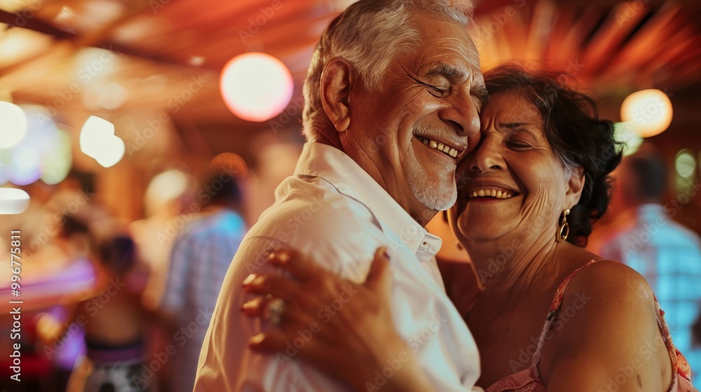 Senior couple dancing flamboyantly at a salsa club, full of life and energy Senior couple dancing flamboyantly at a salsa club, full of life and energy