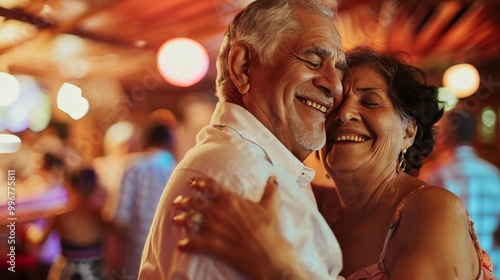 Senior couple dancing flamboyantly at a salsa club, full of life and energy photo