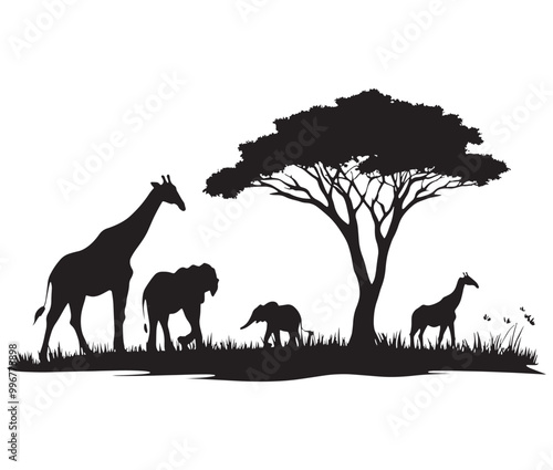 Giraffe in the savannah, Landscape silhouette vector, African savannah Silhouette of animals