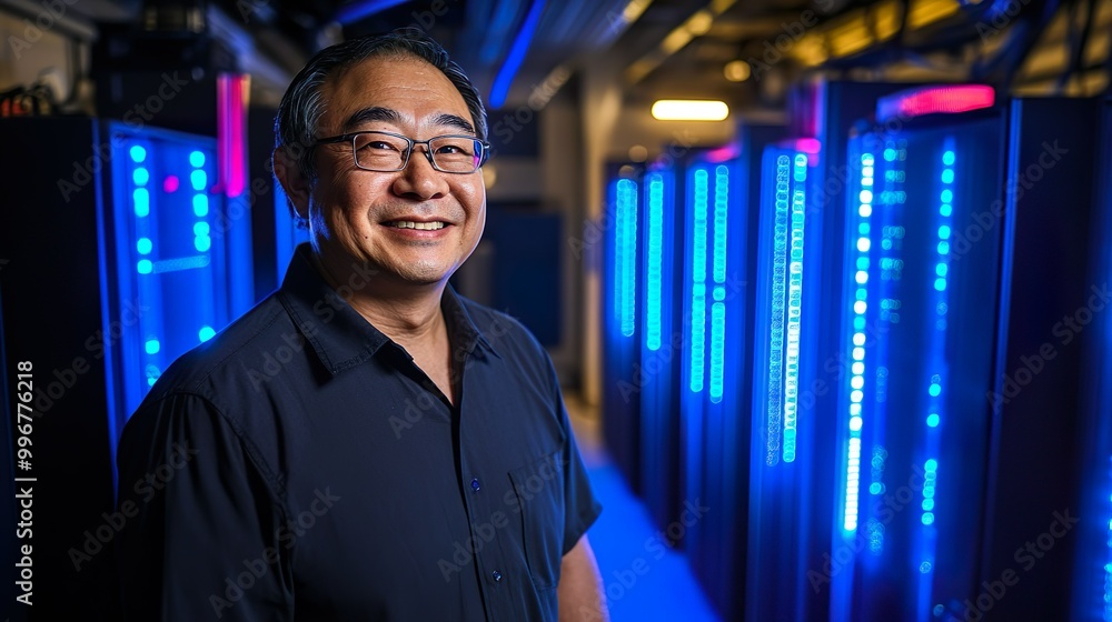 Fototapeta premium Smiling IT Technician Standing In Data Center With Blue LED Lights And Rows Of Servers
