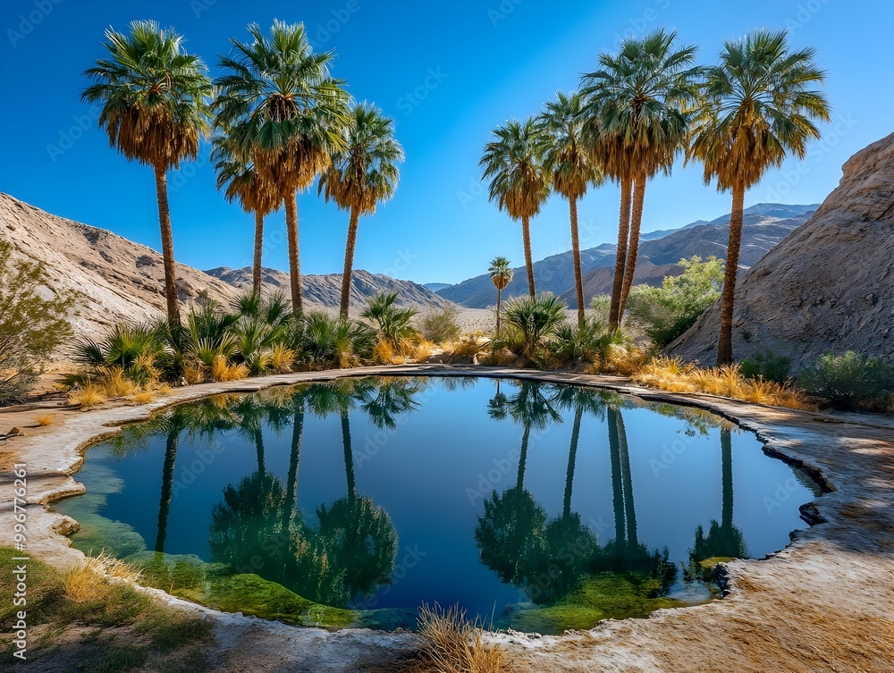 Obraz premium Dreamlike oasis in a vast desolate desert towering palm trees surrounding serene pools of crystalline water surreal reflections creating a sense of disorientation