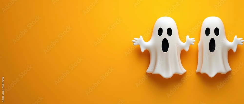 Two white ghosts are standing on an orange background Two white ghosts are standing on an orange background