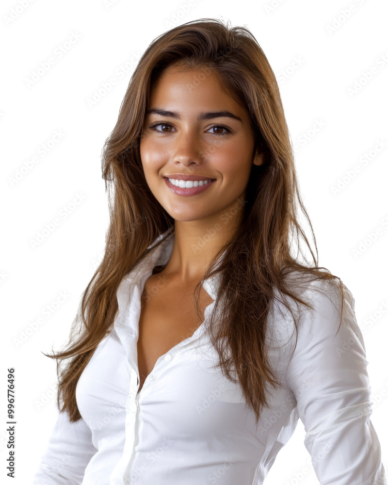 Young Attractive Latin American Woman in White Shirt Exuding Confidence and Professionalism at Work Young Attractive Latin American Woman in White Shirt Exuding Confidence and Professionalism at Work