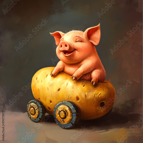 a pig rides in a car that is like a potato photo