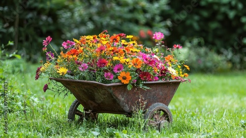 a wheelbarrow filled with colorful flowers in a vibrant garden, representing gardening and growth