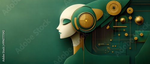 Futuristic Cyborg Woman in Metallic Spaceship Interior
