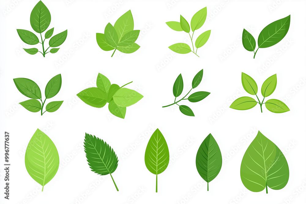 Green leaves set simple flat style cartoons design Green leaves set simple flat style cartoons design