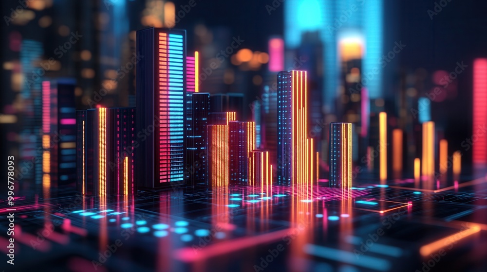 Vibrant digital cityscape with glowing data visualizations. Perfect for technology and finance themes. Vibrant digital cityscape with glowing data visualizations. Perfect for technology and finance themes.