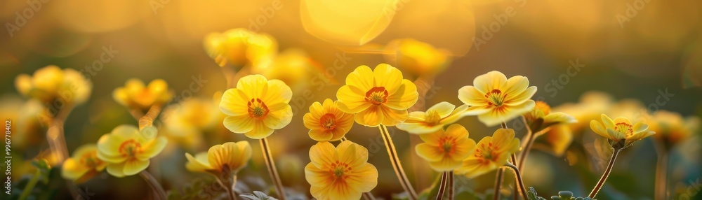 A field of yellow flowers with a bright sun in the background A field of yellow flowers with a bright sun in the background