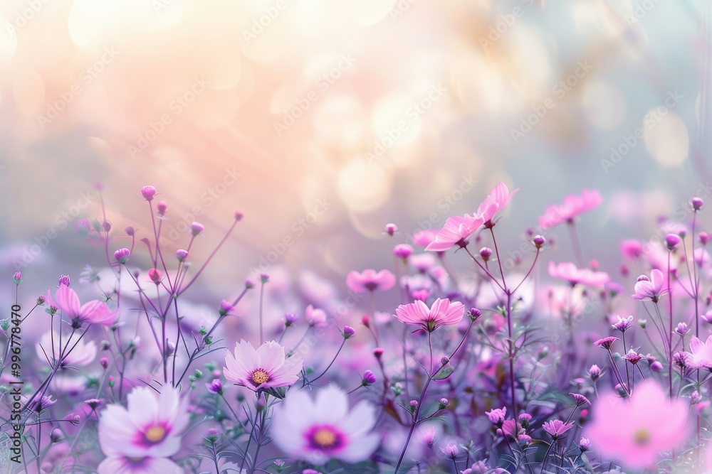 Naklejka premium A field of flowers with a pink and purple hue, generative ai image