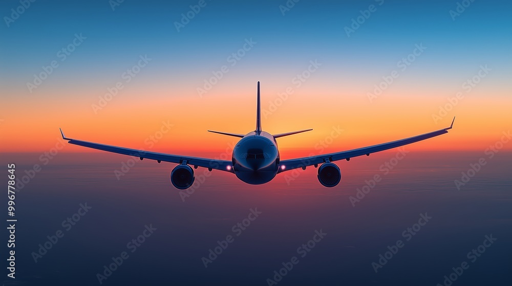 Passenger airplane flying during golden hour sunset Passenger airplane flying during golden hour sunset