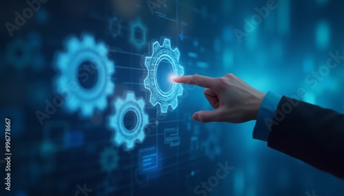 A business hand is shown interacting with digital gears, symbolizing technology, innovation, and business strategy. The image is futuristic and modern.