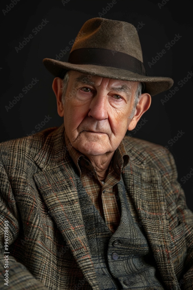 Senior man's portrait in a classic fedora and tweed blazer, exuding sophistication in a studio setting Senior man's portrait in a classic fedora and tweed blazer, exuding sophistication in a studio setting