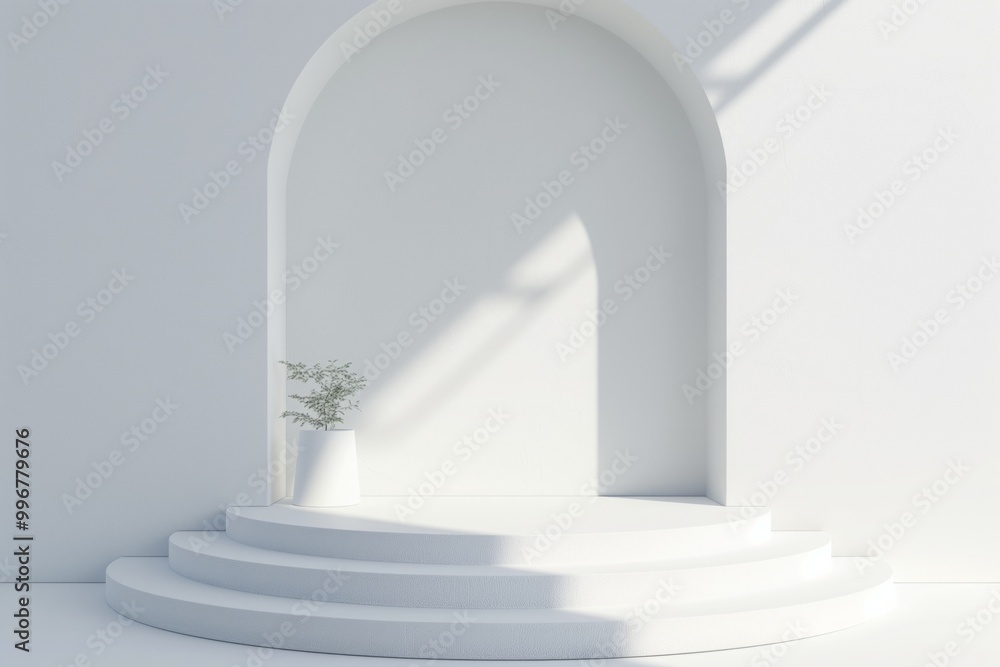 A white building with a white archway and a white vase with flowers in it A white building with a white archway and a white vase with flowers in it