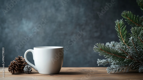 Wallpaper Mural Close-up of a white blank mock up cup on a wooden table with Christmas decorations Torontodigital.ca