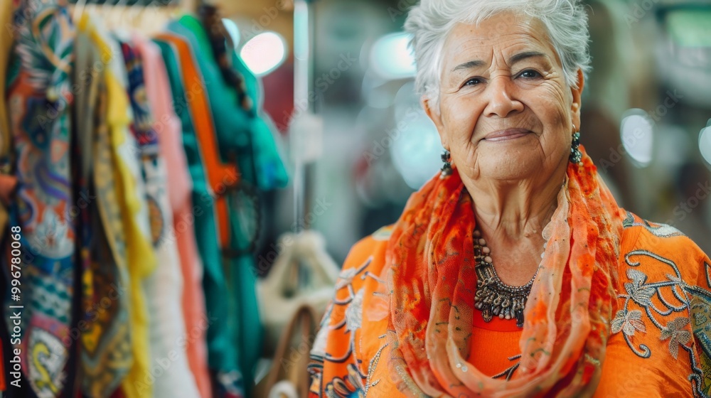 Fototapeta premium Senior woman modeling an elegant scarf and jewelry at a fashion exhibition