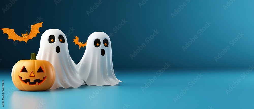 Obraz premium A blue background with two white ghosts and a pumpkin