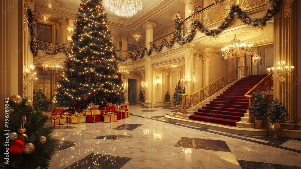 Grand ballroom decorated with Christmas wreaths, trees, and red garlands for the holiday season Grand ballroom decorated with Christmas wreaths, trees, and red garlands for the holiday season