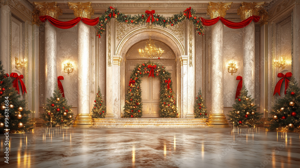 Fototapeta premium Grand ballroom decorated with Christmas wreaths, trees, and red garlands for the holiday season