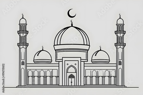 A drawing of a mosque on the top photo