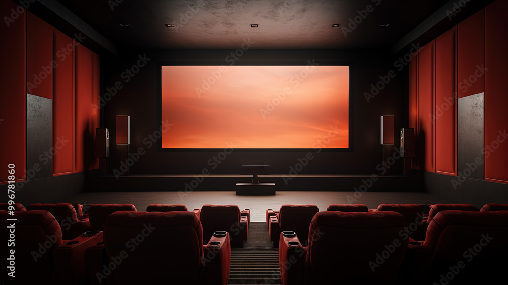 Cinema theater with movie scene on wide screen and empty chairs in the cinema hall Cinema theater with movie scene on wide screen and empty chairs in the cinema hall