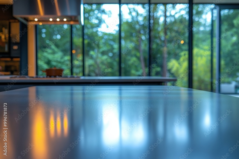 Naklejka premium A sleek kitchen island with blurred outdoor trees and a reflection of warm lights on the surface