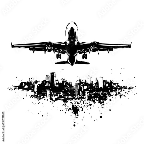 Airplane flying over the city. Vector illustration. International Civil Aviation Day. For banner, poster, card, travel agencies, vacation promotions, airline technology websites