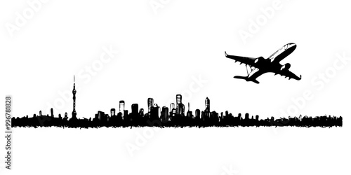 Airplane taking off over the city. Graphic art. International Civil Aviation Day. Airplane gaining altitude over city landscape. Vector illustration. For travel agencies, vacation promotions