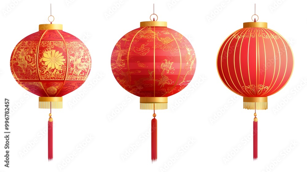Round Chinese lantern with traditional red and gold patterns in a cartoon style Round Chinese lantern with traditional red and gold patterns in a cartoon style