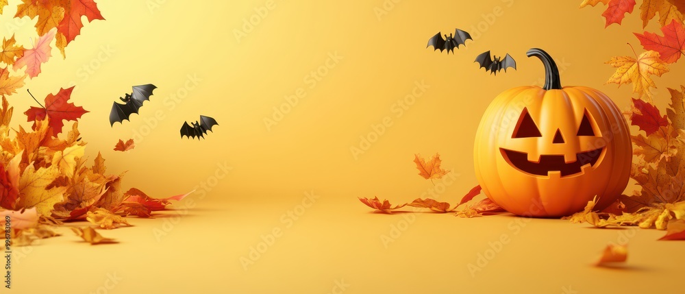 A pumpkin with a scary face sits on a yellow background with leaves A pumpkin with a scary face sits on a yellow background with leaves