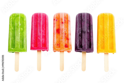 Five colorful popsicles with wooden sticks are lined up against a green background.