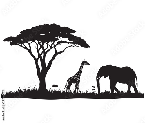Giraffe in the savannah, Landscape silhouette vector, African savannah Silhouette of animals