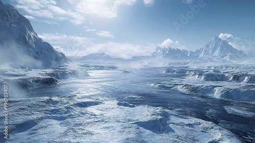 Frozen River Landscape: Majestic Mountains and Icy Waters