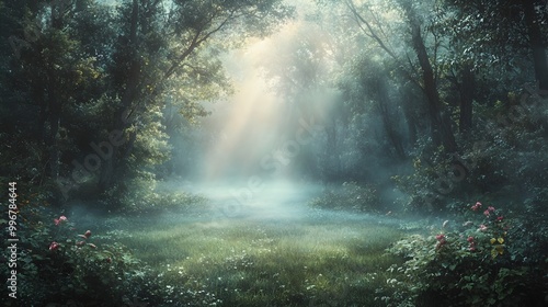 Enchanted mist veiled clearing in a timeless primal forest with shafts of warm glowing light piercing the ethereal haze and illuminating the fantastical flora and fauna