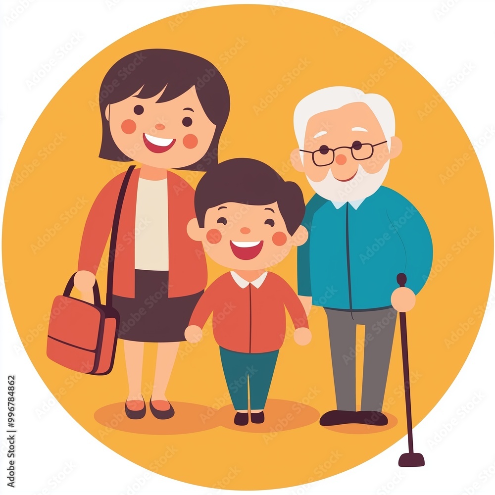 A circular illustration depicting a child, an adult, and an elderly person, symbolizing family, care, and multi -generational connection, perfect for community or family focused projects A circular illustration depicting a child, an adult, and an elderly person, symbolizing family, care, and multi -generational connection, perfect for community or family focused projects