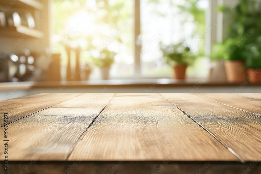A sunlit wooden kitchen surface with potted plants and jars arranged neatly on shelves in the back A sunlit wooden kitchen surface with potted plants and jars arranged neatly on shelves in the back