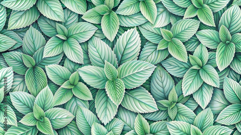 Fototapeta premium Mint leaves pattern on mint background, botanical design, lush foliage, abstract composition, copy space