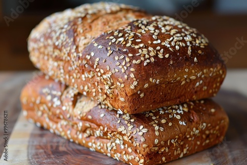 Two loaves of bread with sesame seeds on top