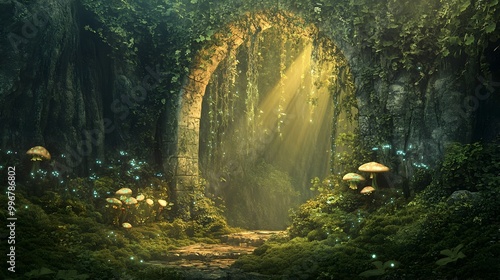 Enchanting hidden alcove nestled in a lush verdant forest featuring a majestic stone archway draped in a cascade of vines and moss bioluminescent mushrooms