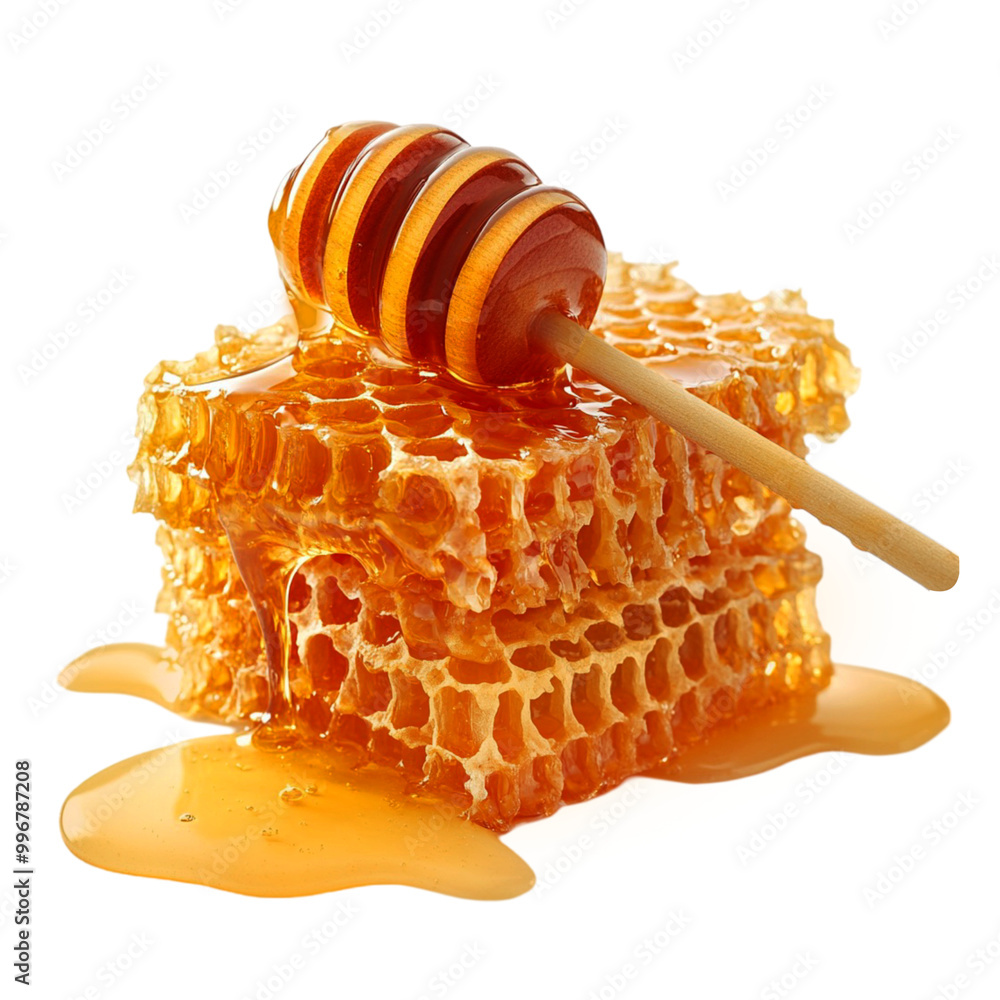 Honeycomb with honey dripping, honey stick isolated on transparent background Honeycomb with honey dripping, honey stick isolated on transparent background