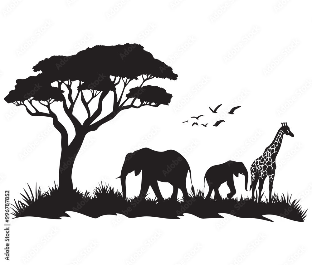 Εκτύπωση καμβά Giraffe in the savannah, Landscape silhouette vector, African savannah Silhouett