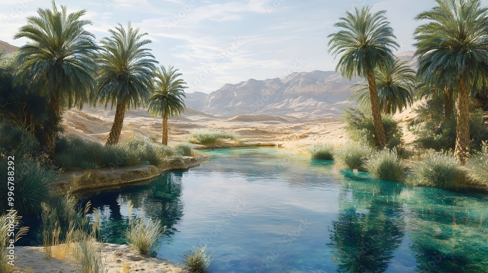 Enchanting surreal oasis in the heart of a vast desolate desert landscape featuring lush palm trees shimmering pools of crystal clear water and mirage like reflections Enchanting surreal oasis in the heart of a vast desolate desert landscape featuring lush palm trees shimmering pools of crystal clear water and mirage like reflections
