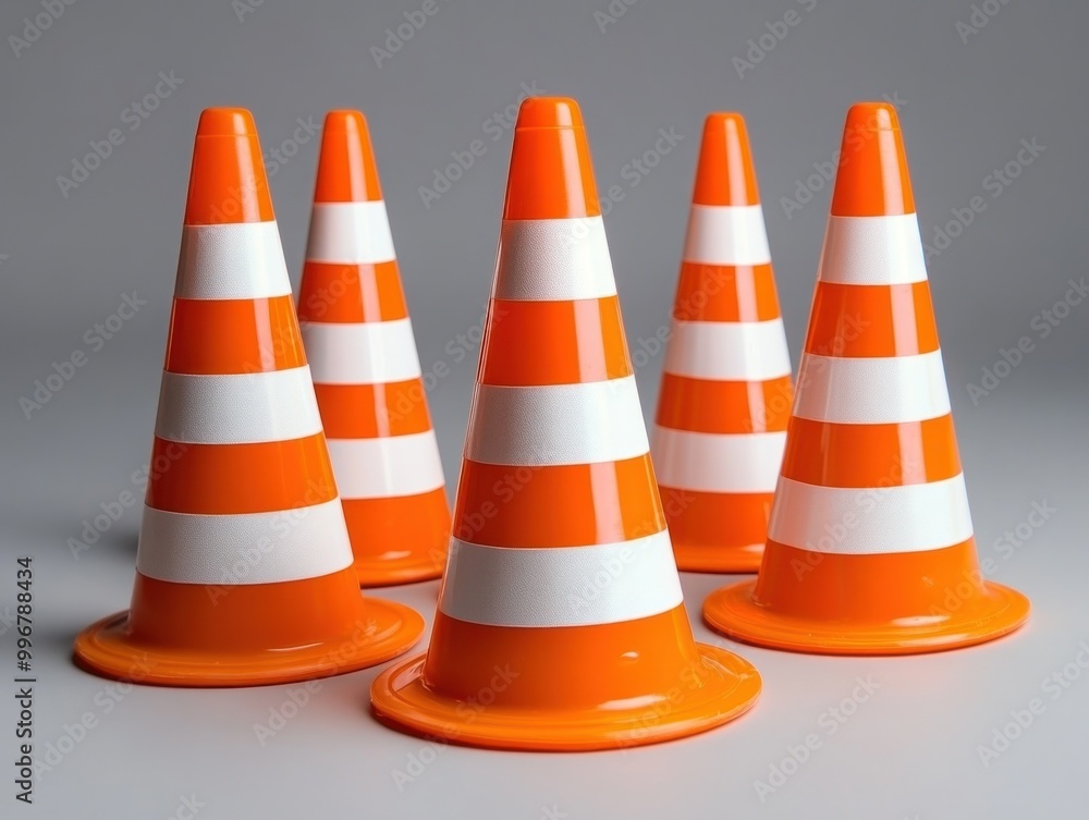 Five traffic cones are arranged closely on a smooth gray background Five traffic cones are arranged closely on a smooth gray background