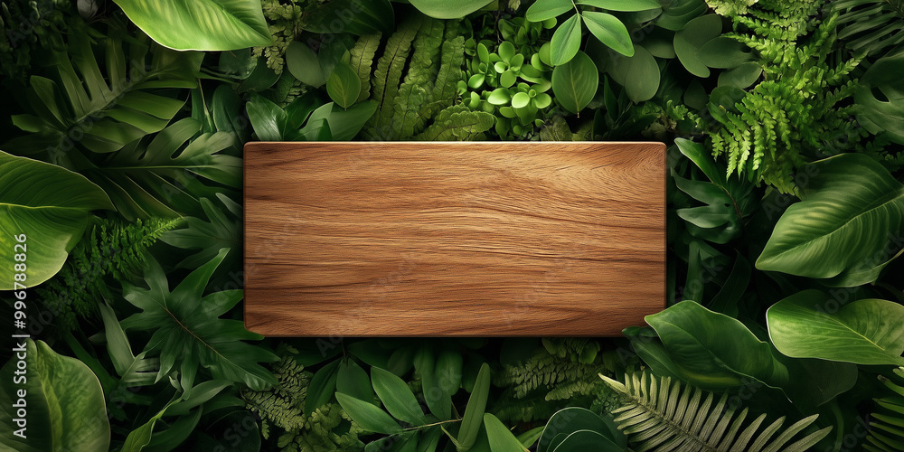 Natural Wood Board Surrounded by Vibrant Green Foliage Natural Wood Board Surrounded by Vibrant Green Foliage