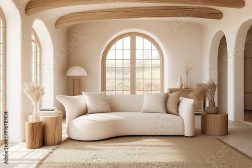 Cozy Mediterranean modern cottage living room with a curved sofa, warm wood elements, and large windows.