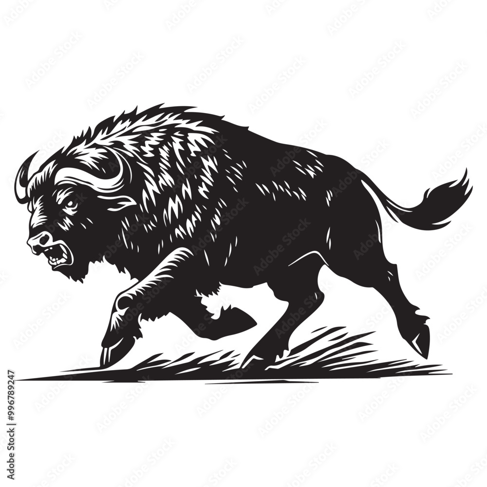 Obraz premium Mascot of running angry buffalo, Clean Black and white Vector silhouette of a Buffalo