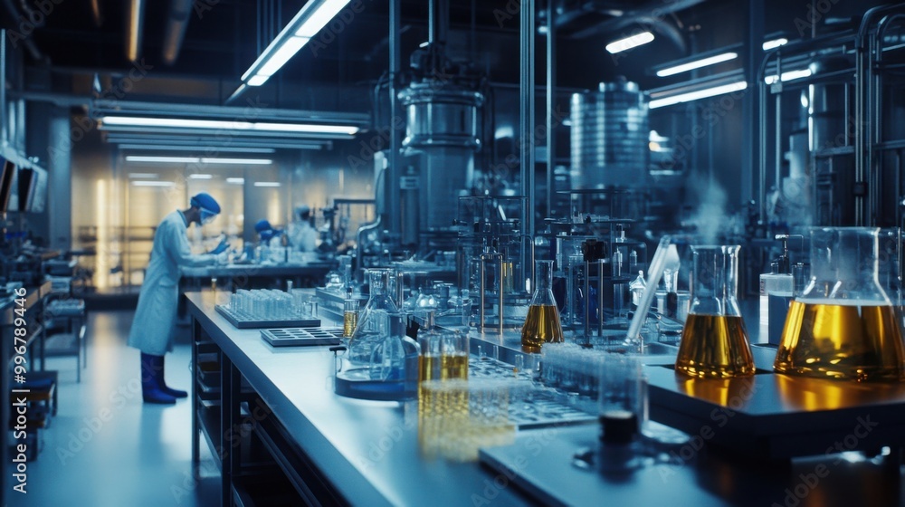 modern laboratory inside a chemical plant, where scientists in lab coats modern laboratory inside a chemical plant, where scientists in lab coats