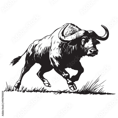 Mascot of running angry buffalo, Clean Black and white Vector silhouette of a Buffalo